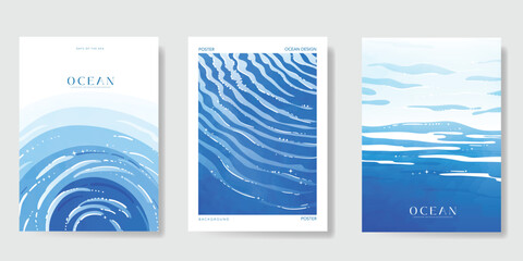 Obraz na płótnie Canvas Blue sea and river Card set vector. Poster design with watercolor blue ocean wave pattern backdrop. Modern illustration for cover, banner, website, decor, interior.