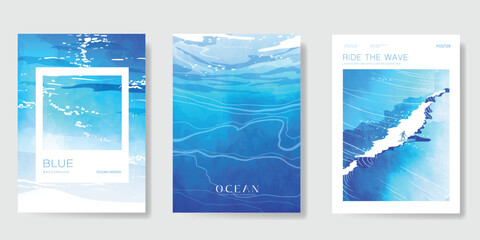 Naklejka na ściany i meble Blue sea and river Card set vector. Poster design with watercolor blue ocean wave pattern backdrop. Modern illustration for cover, banner, website, decor, interior.