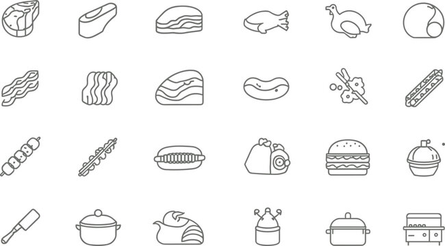 Meat and barbecue restaurant line icon set featuring steak bacon ribs sausage chicken turkey skewer burger hotdog meat cleaver and cooking pot outline vectors