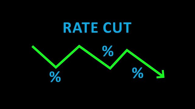 Rate cut graphic with downward trending green line and percentage symbols on black background interest rate