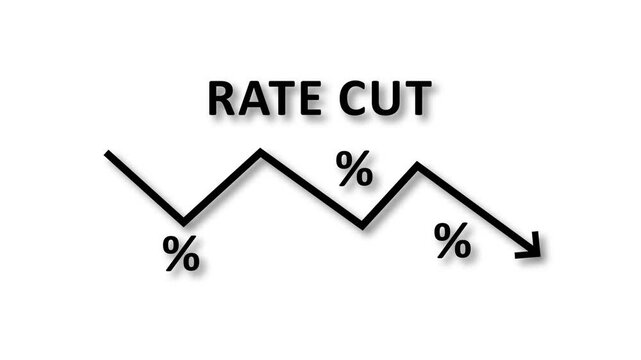 Black line graph with percentage symbols and text RATECUT on a white background finance economy