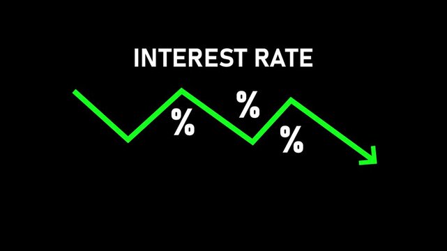 Interest rate graphic with green downward trending line and percentage symbols on black background finance