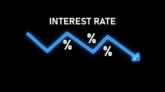 Interest rate graphic with glowing blue downward trending line and percentage symbols on black background