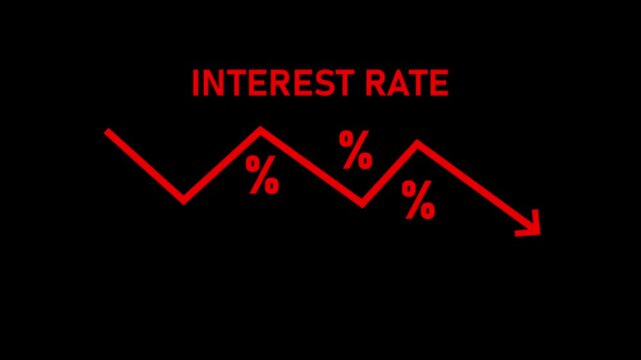 Interest rate graphic with red downward trending line and percentage symbols on black background finance