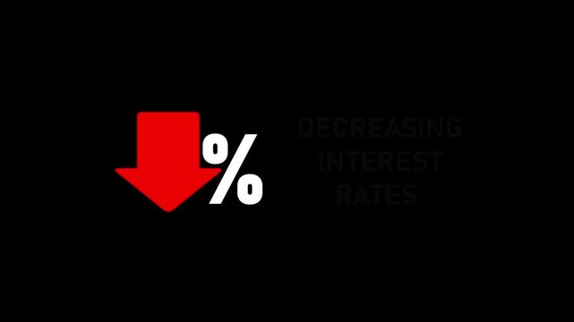 Red downward arrow with percentage symbol and text decreasing interest rates on black background decrease