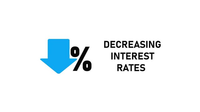 Blue downward arrow with percentage symbol and text decreasing interest rates on white background decrease