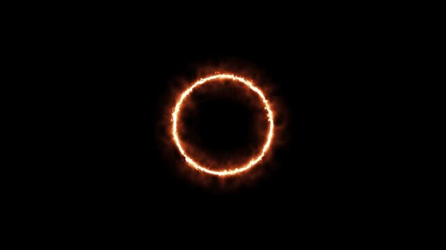 Fiery Energy Ring. Glowing Circular Flame with Intense Orange and Yellow Sparks on a Dark Background. High-Resolution 4K Abstract Motion Graphics for Sci-Fi and Fantasy Visuals