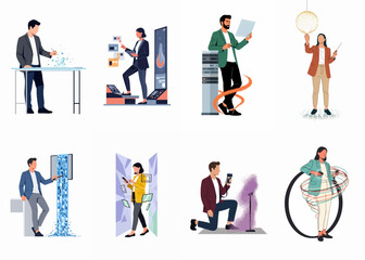 Fototapeta premium Set of illustrations showing professionals interacting with futuristic technology, digital interfaces, data visualization, and virtual environments in a modern flat style.