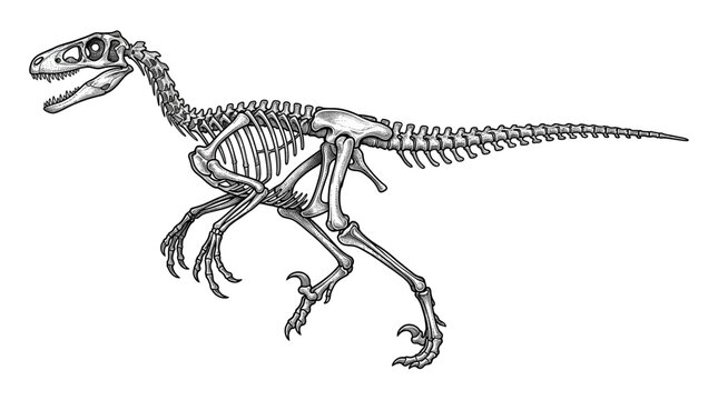 Detailed black and white scientific illustration of a dinosaur skeleton, showcasing its bipedal structure and sharp claws.