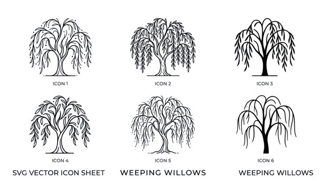 Weeping Willow Tree Vector Icons - Set of 6 Stylized Illustrations