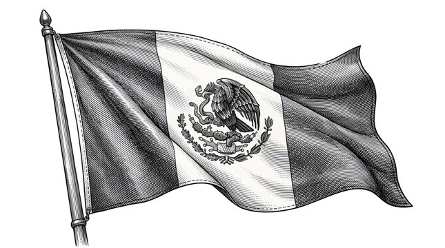 Black and white illustration of the waving flag of Mexico with its national emblem, on a flagpole.