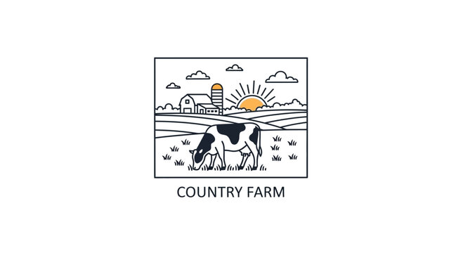 Country Farm Scene with Cow Grazing at Sunrise, Rural Landscape Illustration