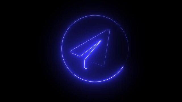 Glowing neon circle and blue color telegram icon symbol forming in darkness abstract communication technology concept digital message 4k video