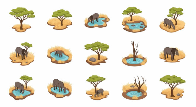 Collection of isometric illustrations depicting African elephants drinking water from pools in a savanna landscape with acacia trees.