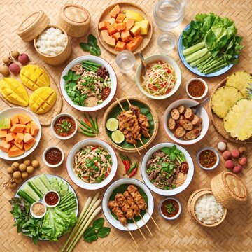 Vibrant Traditional Lao and Thai Feast on a Woven Bamboo Mat