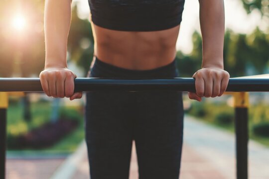Fitness athlete woman doing strength exercise outdoors on parallel bars workout