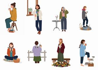 Obraz premium Collection of eight illustrations of young women in cozy autumn outfits enjoying hot beverages in various peaceful indoor and outdoor settings.