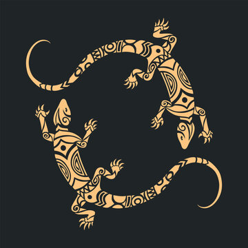 Stylized yin yang composition with two tribal lizards illustrated in sacred Polynesian and Maori inspired ornamental patterns. Symmetrical circular design with geometric lines, curved shapes and tan c
