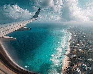 Obraz premium Airplane wing over ocean and coastline.