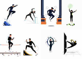Obraz premium Set of eight illustrations showing professional actors in motion capture suits performing various athletic movements for digital animation and game development.