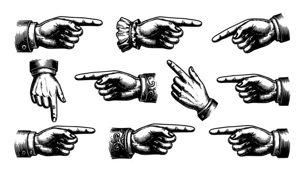 Vintage forefinger pointing hand sketch vector collection
