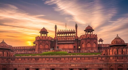 Naklejka premium Historic Red Fort at Sunset with Silhouetted Domes and Minarets
