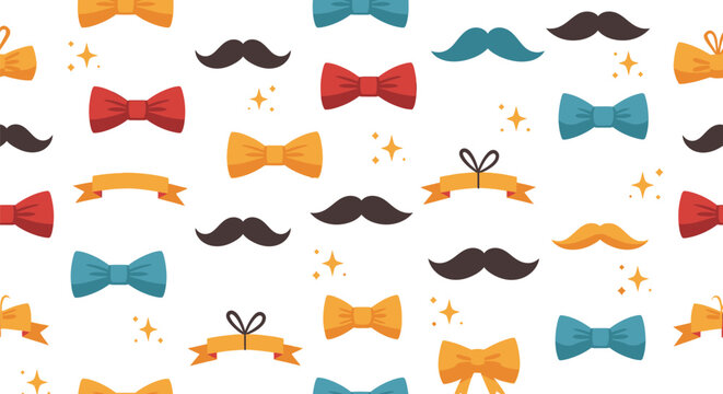 Seamless vector pattern illustration featuring various colorful bow ties in red, blue, and yellow, alongside classic black mustaches, ribbons, and golden stars on a white background.