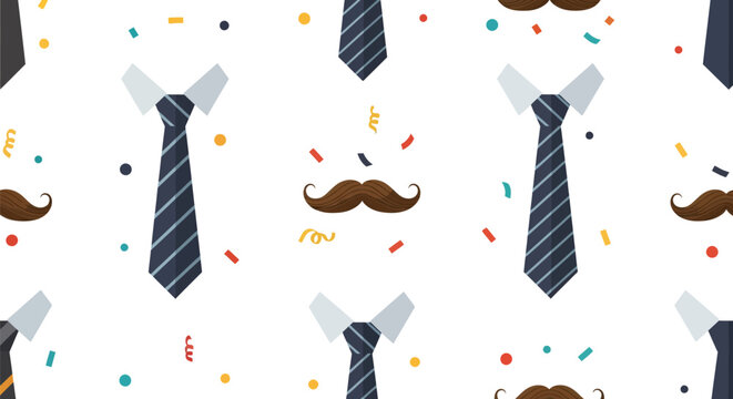 Seamless pattern with striped blue ties, shirt collars, and brown moustaches on a white background with colorful confetti for Father's Day or men's celebration events.