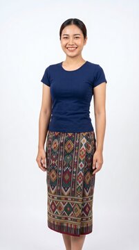 Smiling Asian Woman Wearing a Traditional Woven Sinh Skirt