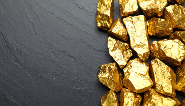Gold nuggets on black background, business and treasure concept.
