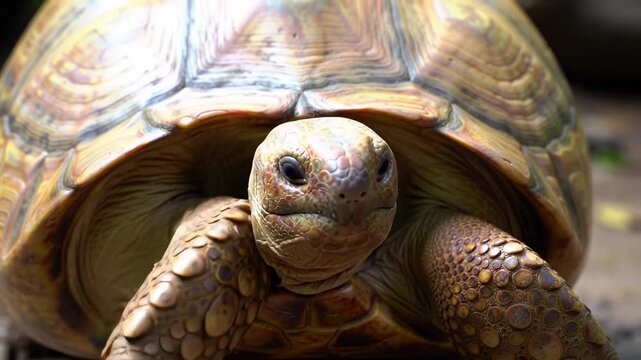 Close-up of a large tortoise with a textured shell and focused stare