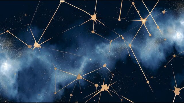 Abstract patterns form and shift across a deep navy blue background with stars illuminating the view. Shapes dance and connect in endless formations.