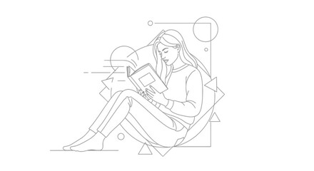 Obraz premium Young woman reading a book, sitting in a relaxed pose, surrounded by abstract geometric shapes.