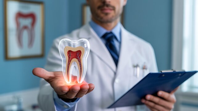Dentist holding digital tooth icon with clipboard in modern dental healthcare concept