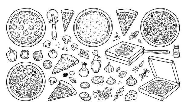 Pizza Doodle Sketch Set Hand Drawn Vector Illustration for Menu Poster and Label Design