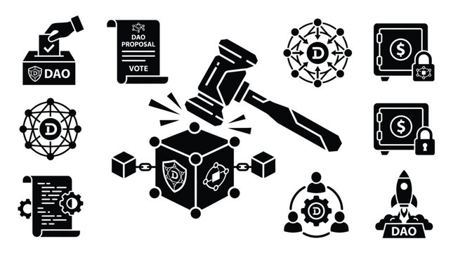 Gavel strikes a digital cube surrounded by various icons representing decentralized autonomous organization governance, financial security, voting processes, and crypto network infrastructure symbols.