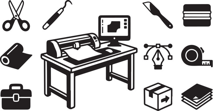 Graphic design workspace with various creative tools