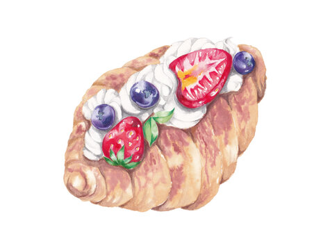 Hand-painted watercolor illustration of a croissant-sandwich with whipped cream, strawberries, blueberries, isolated on white background