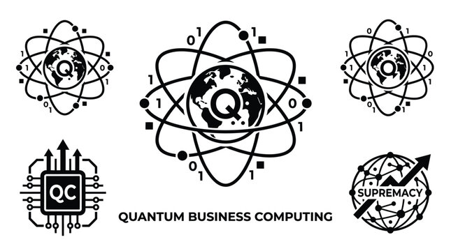 Quantum computing icons feature orbital atomic structures integrated with binary code and global symbols to represent advanced technological innovation and the future of complex digital data.