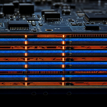 Close-up of RGB illuminated RAM memory sticks with blue and orange lighting installed in gaming PC motherboard in dark environment