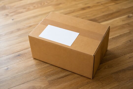 A plain brown rectangular cardboard box sealed with packing tape and featuring a blank white shipping label, representing e-commerce delivery logistics and secure parcel shipping.