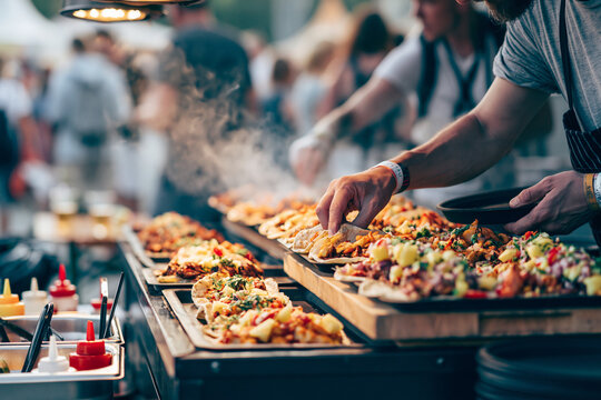 taco truck in summer music festival with selective focus