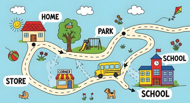 Colorful cartoon map of a small town with home, park, church, store, and school, sunny day