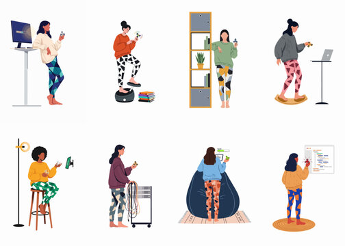 Set of illustrations depicting women using fidget spinners to manage stress and focus while working, studying, or relaxing in modern home office environments.