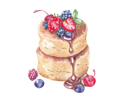 Hand-painted watercolor illustration of Japanese souffl&eacute; pancakes with strawberries, black berries, raspberries, cherries, isolated on white background