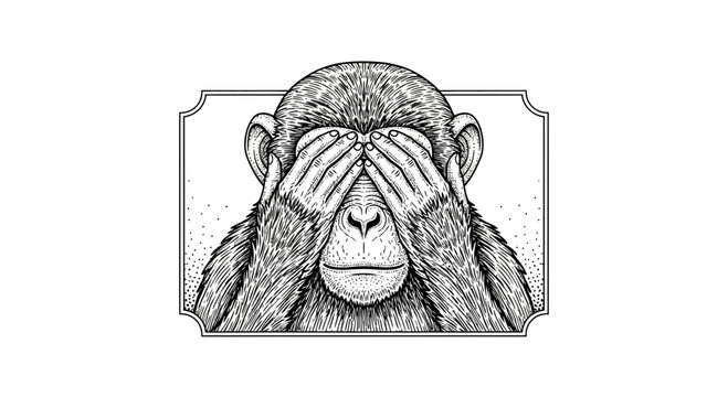 Vintage Monkey Covering Eyes Illustration, See No Evil Concept