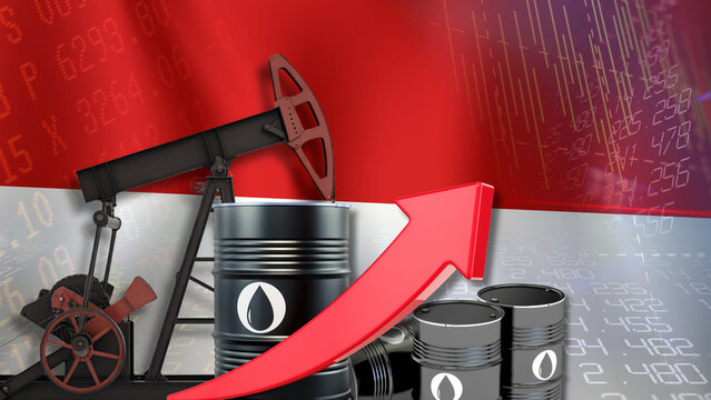 Indonesian crude oil production and prices surge dramatically with an upward red arrow, oil barrels, drilling rigs, and financial figures amidst complex global developments and intense market