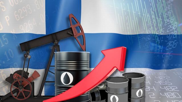 Finnish crude oil production and prices surge dramatically with an upward red arrow, oil barrels, drilling rigs, and financial figures amidst complex global developments and intense market volatility 