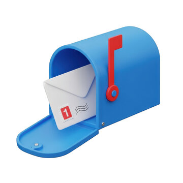 A bright blue mailbox with a red flag raised on the side