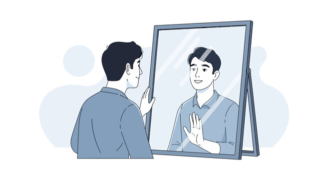 Man Gazing Into Mirror, Self Reflection, Confidence, Personal Growth, Vector Illustration